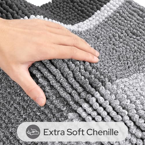 HOMEIDEAS Grey Bathroom Rugs Set of 2, Striped Chenille, 20"x32"+17"x24"