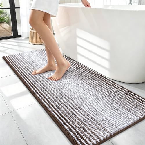 OLANLY Bathroom Runner Rugs 47x17, Soft Chenille Striped Bath Rugs, Brown
