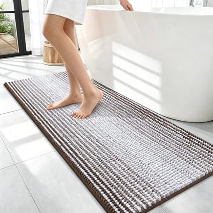 OLANLY Bathroom Runner Rugs 47x17, Soft Chenille Striped Bath Rugs, Brown