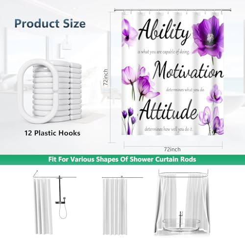 Purple Floral Inspirational Quote Shower Curtain with Hooks 72 x 72 Inches