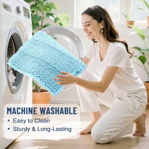 Grandaily Chenille Striped Bathroom Rugs 24x16, Extra Thick and Soft Absorbent Bath Mats, Rubber Backing, Plush Shaggy Shower Carpet, Machine Wash Dry, Bath Rug for Bathroom, Sky Blue