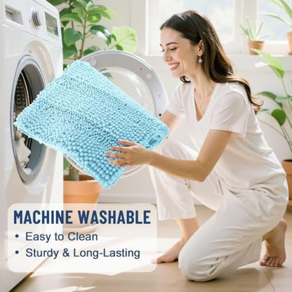 Grandaily Chenille Striped Bathroom Rugs 24x16, Extra Thick and Soft Absorbent Bath Mats, Rubber Backing, Plush Shaggy Shower Carpet, Machine Wash Dry, Bath Rug for Bathroom, Sky Blue