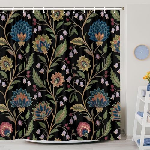 Vintage Floral Shower Curtain for Bathroom, Rustic Farmhouse Black and Teal Sage Green Boho Botanical Shower Curtains, Retro Cottagecore Wildflower Aesthetic Bath Curtain Set with Hooks， 72 x 84 Inch