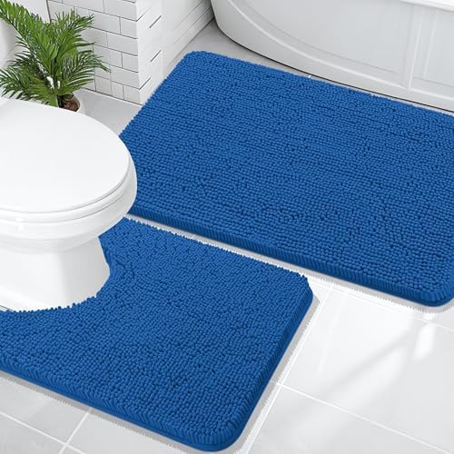 OLANLY Chenille Bathroom Rugs Sets 2 Piece, 36"x24"+24"x20", Deep Navy Blue