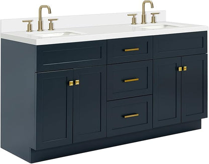 ARIEL Hamlet 66-inch Bathroom Vanity with Sink,Solid Wood, 1.5-inch Pure White Quartz Countertop, Double Rectangular Porcelain Sink, 4 Soft Closing Doors, 3 Dovetail Drawers, Midnight Blue