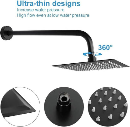 NearMoon Square Rain Shower Head With Extension Arm, Large Stainless Steel Rainfall Shower-Waterfall Full Body Coverage (8 Inch, Matte Black)