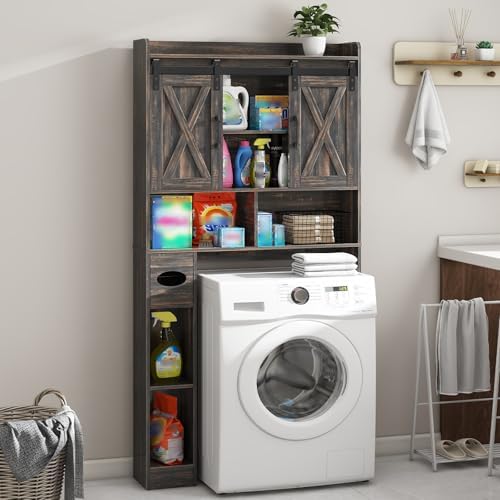 Vabches Over The Toilet Storage Cabinet with Sliding Doors, Dark Grey