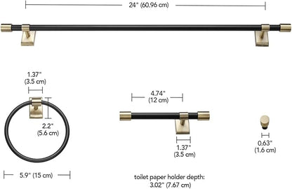 GLOBE Electric 63000062 5-Piece All-in-One Bathroom Set, Matte Black & Brass, 3-Light Vanity Light, Seeded Glass, Towel Bar, Toilet Paper Holder, Towel Ring, Robe Hook, Bathroom Lights Over Mirror
