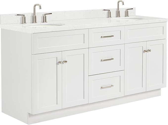ARIEL Hamlet 72" Double White Bathroom Vanity, 1.5" Edge Carrara Quartz Countertop & Splash, Oval Sinks, 4 Soft Closing Doors, 3 Full Extension Dovetail Drawers, Toe Kick, Brushed Nickel