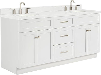 ARIEL Hamlet 72" Double White Bathroom Vanity, 1.5" Edge Carrara Quartz Countertop & Splash, Oval Sinks, 4 Soft Closing Doors, 3 Full Extension Dovetail Drawers, Toe Kick, Brushed Nickel