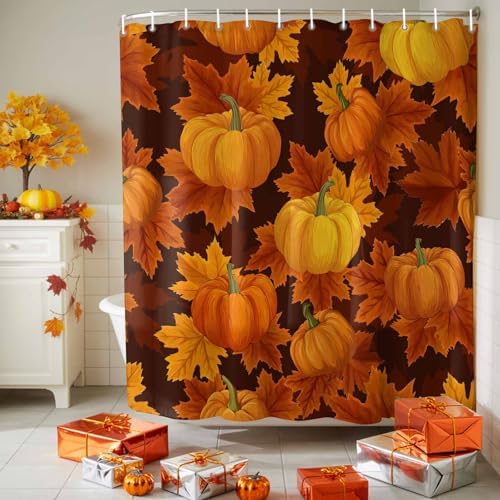 Shower Curtain Bathroom Set Thanksgiving Pumpkin Fall Orange Maple Leaf Waterproof Shower Curtains with Grommets Hooks Autumn Watercolor Leaves Privacy Bath Curtain for Bathtub Decor 60x72in