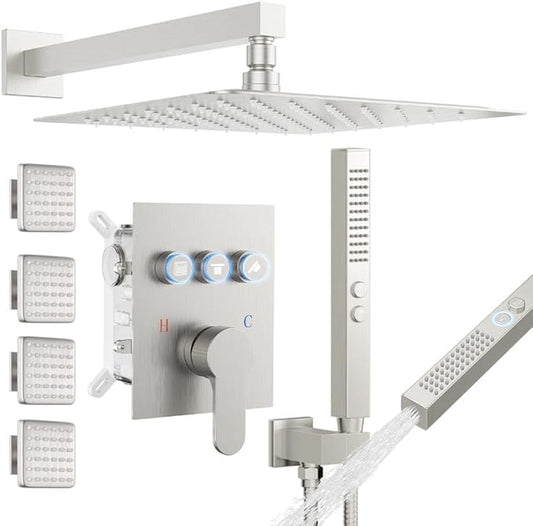 Brushed Nickel Shower Systems with 4 Body Spray Jets, STARBATH 12" Rainfall Shower Head with Handheld Combo, Can Use All at Once, Push Button Shower Jets System in Wall Shower Faucet Sets Complete