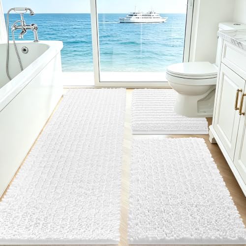 ACCUMTEK Upgrade Extra Large White Bathroom Rug Set 3 Pieces Ultra Soft, Thick Absorbent Bath Mats, Non Slip Chenille Toilet Mat for Bathroom, Bedroom, Kitchen