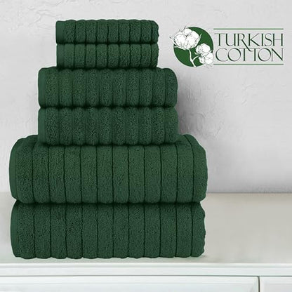 Elegant Comfort 100% Turkish Cotton Corduroy Ribbed Luxury Bath Towels 6-Piece Set, Premium Feel - Quick Dry, Highly Absorbent, Contains 2 Bath Towels, 2 Hand Towels, and 2 Washcloths, Hunter Green