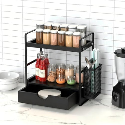 LEMIKKLE Bathroom Counter Organizer with Basket, Bathroom Organizers and Storage,Skincare Organizers for Vanity,Storage Organizers for Bathroom, Kitchen, Dresser (Black with Drawer)