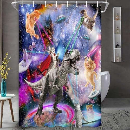 Funny Cat Shower Curtain, Cool Cat Dinosaur Japanese Ocean Wave Shower Curtain, Cat Riding Dinosaur Fun Shower Curtain Nautical Kids Children Rustic Wooden Farmhouse Shower Curtain, 47X64inch, Purple