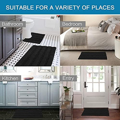 H.VERSAILTEX Bathroom Rugs Bath Rug Set 2 Piece Bathroom Contour Rug Toilet Mat Sets Non Slip Contour Bath Rug Ultra Thick Water Absorbent Striped Bath Mats Washable(36" x 24" Plus 20" x 24" U, Black)