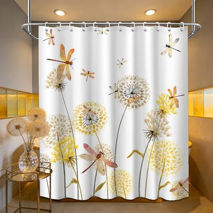 Yellow Dandelion Shower Curtain Spring Dragonfly Tan White Watercolor Shower Curtains for Bathroom Decor, Waterproof Cloth Fabric with Hooks 70" Wx72 L