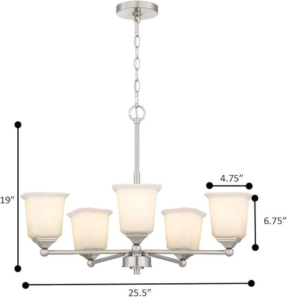Nox 5-Light Chandelier Pendant Ceiling Light Brushed Nickle White Glass Shade Adjustable Height for Hallway, Entryway, Passway, Dining, Bedroom, Kitchen, Balcony Living Room