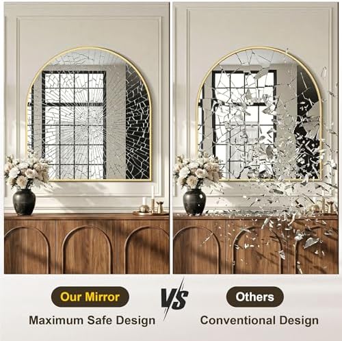 AMOISE Arched Bathroom Mirror for wall, 32"x30" Vanity Mirror, Gold