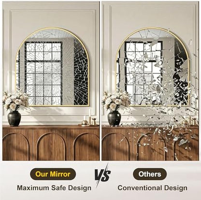 AMOISE Arched Bathroom Mirror for wall, 32"x30" Vanity Mirror, Gold