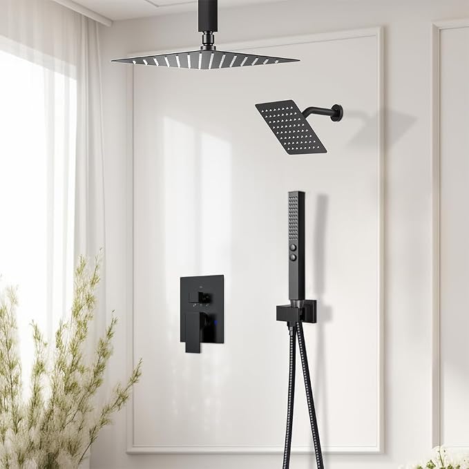 Shower System Shower Faucet Set, STARBATH 12"+6" Ceiling Mount Rain Shower Head and Handheld Spray for Two Person, Rainfall Shower System with Diverter Valve and Trim Kit Complete,Matte Black