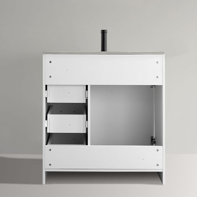 30" Bathroom Vanity with Ceramic Sink Top,1 Soft Closing Doors & 3 Full Extension Drawers with Matte Black Faucet Drain, White