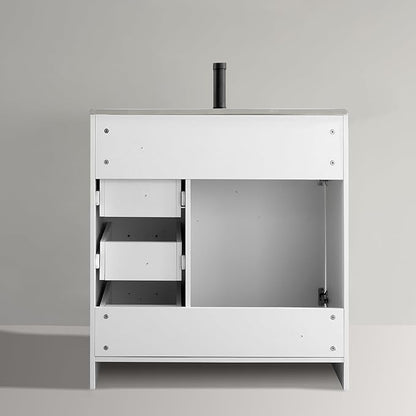 30" Bathroom Vanity with Ceramic Sink Top,1 Soft Closing Doors & 3 Full Extension Drawers with Matte Black Faucet Drain, White