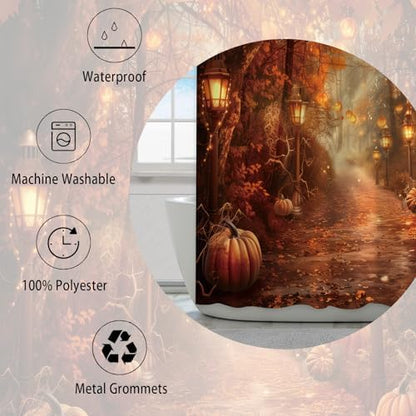 Fall Pumpkins Shower Curtain，Halloween Autumn Thanksgiving Harvest Forest Rural Trail Bathroom Decor，47 x 64 Inch Polyester Fabric Waterproof Bathroom Curtain with Hooks