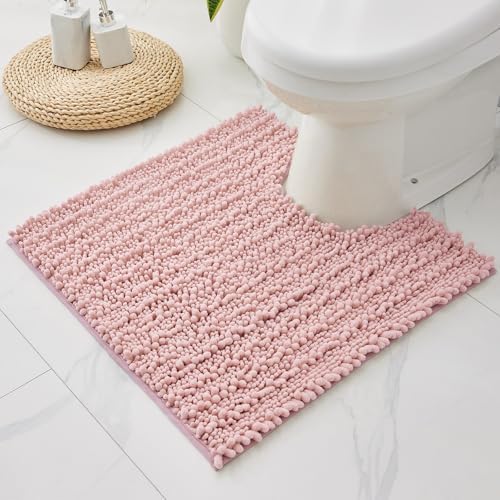 Disolla Toilet Rug 24x24 Inch - Pink U-Shaped Bathroom Floor Mat, Soft Shaggy Plush Absorbent Chenille Contour Rug, Non-Slip Washable Pedestal Base Rug