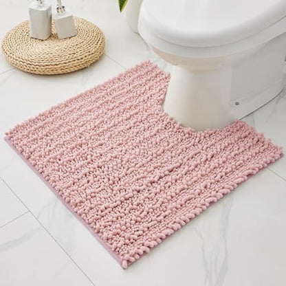 Disolla Toilet Rug 24x24 Inch - Pink U-Shaped Bathroom Floor Mat, Soft Shaggy Plush Absorbent Chenille Contour Rug, Non-Slip Washable Pedestal Base Rug