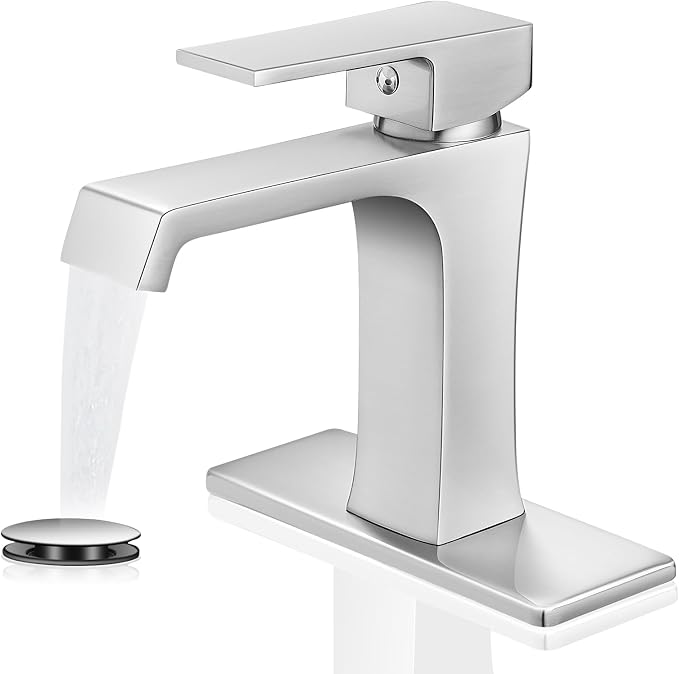 Waterfall Bathroom Faucet Brushed Nickel Bathroom Sink Faucet, Modern Single Hole Bathroom Faucet, Single Handle RV Sink Vanity Faucet—Includes Pop-Up Drain, Suitable for 1-Hole or 3-Hole