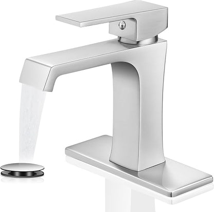 Waterfall Bathroom Faucet Brushed Nickel Bathroom Sink Faucet, Modern Single Hole Bathroom Faucet, Single Handle RV Sink Vanity Faucet—Includes Pop-Up Drain, Suitable for 1-Hole or 3-Hole