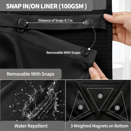 Dynamene Black Hook Free Waffle Shower Curtain & Snap-in Fabric Liner,72x83