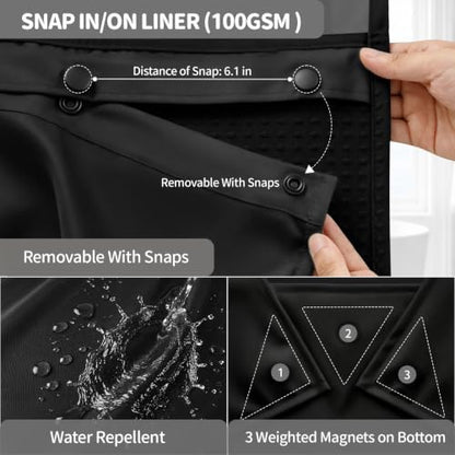 Dynamene Black Hook Free Waffle Shower Curtain & Snap-in Fabric Liner,72x83