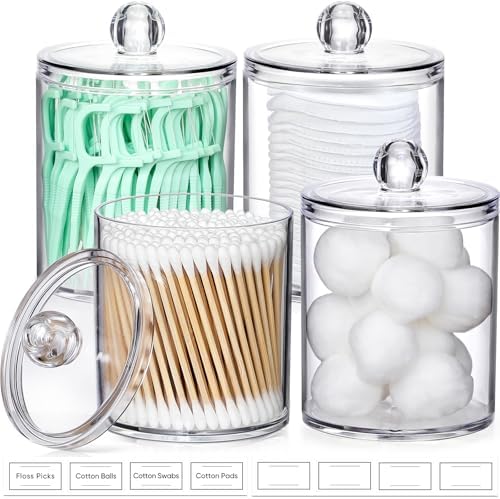 4 Pack Acrylic Qtip Holder Dispenser for Cotton Swabs, Balls, Floss Picks