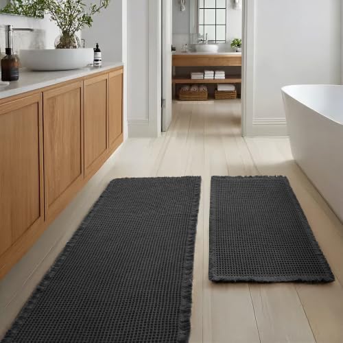JIUZHEN Set of 2 Waffle Bath Mats Boho Bathroom Runner Rug 20"x32"+24"x60"