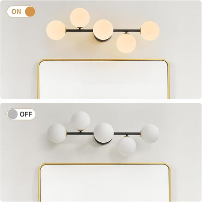 Black Bathroom Vanity Light Fixture,5 Lights Mid Century Modern Wall Sconce | Modern Milk White Glass Globe Makeup Wall Sconce Lighting,Matte Black Minimalist Bathroom Vanity Light over Mirror,G9 Base