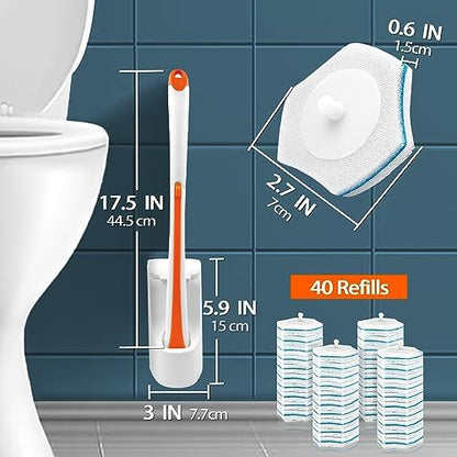 JEHONN Disposable Toilet Bowl Cleaner Wand with 40 Cleaner Refills, Wall Mounted Long Handle Compact Bathroom Scrub Brush Holder Set for Sink Bathtub Wash Basin Mop Pool (Orange)