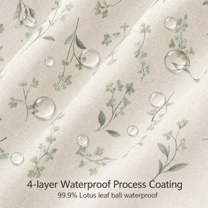 Green Floral Farmhouse Shower Curtain, Vintage Botanical Bathroom Curtain, Rustic Country Wildflower Bath Decor Linen Texture Waterproof Fabric Curtains, Sage Green Floral Bath Curtain 72 x 72 Inch
