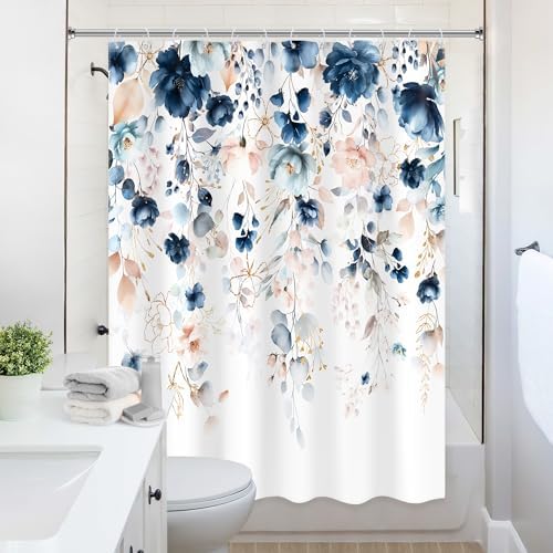 Small Stall Flower Blue Pink Spring Bathroom Shower Curtain Set