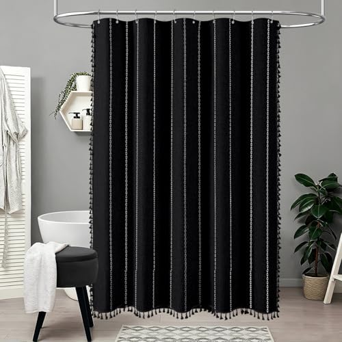 BTTN 60 x 84 Boho Linen Heavy Duty Cloth Shower Curtain Set, Black White