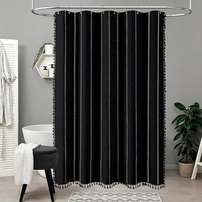 BTTN 60 x 84 Boho Linen Heavy Duty Cloth Shower Curtain Set, Black White