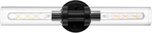 Black Sconces Wall Lighting, Bathroom 2-Light Vanity Light W/Clear Glass Shade, Modern Wall Mounted Lights for Mirror, Makeup Vanity, Kitchen, Washroom, Hallway, E26 T10 Bulbs(Excluded)