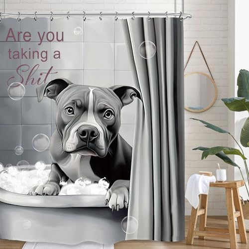 Funny Dog Shower Curtain 60Wx72L Inch Bulldog Hilarious Pet Animal Interesting Cute Bathroom Set Accessories Decor with 12 Pack Hooks