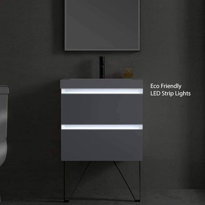 Blossom 24 inch LED Lighted Bathroom Vanity with Acrylic Sink | Wall Mounted Vanity with Dimmable LED Lights | Modern Floating Design for Small Bathrooms | 24" w/Acrylic Sink, Light Grey