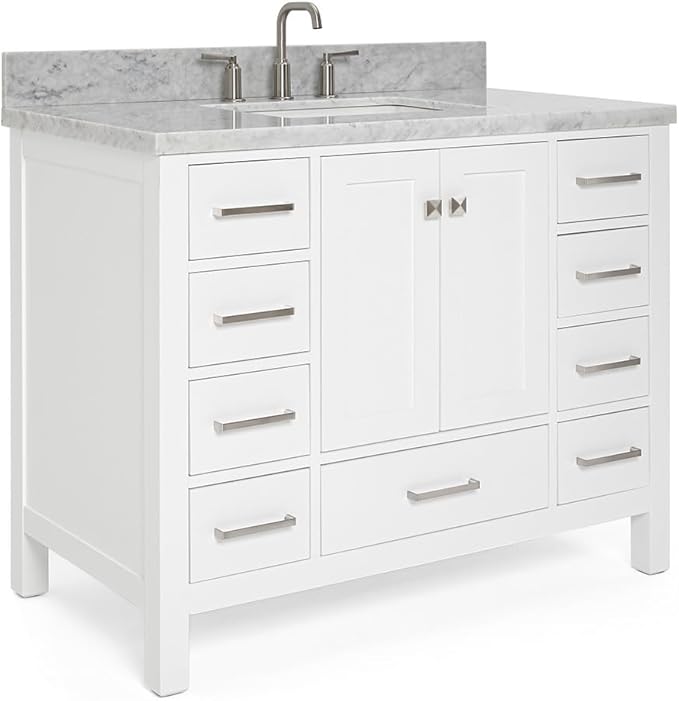 ARIEL Cambridge 42-inch Bathroom Vanity with Sink,Solid Wood, 1.5-inch Italian Carrara Marble Countertop, Single Rectangular Porcelain Sink, 2 Soft Closing Doors, 9 Dovetail Drawers, White