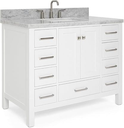 ARIEL Cambridge 42-inch Bathroom Vanity with Sink,Solid Wood, 1.5-inch Italian Carrara Marble Countertop, Single Rectangular Porcelain Sink, 2 Soft Closing Doors, 9 Dovetail Drawers, White