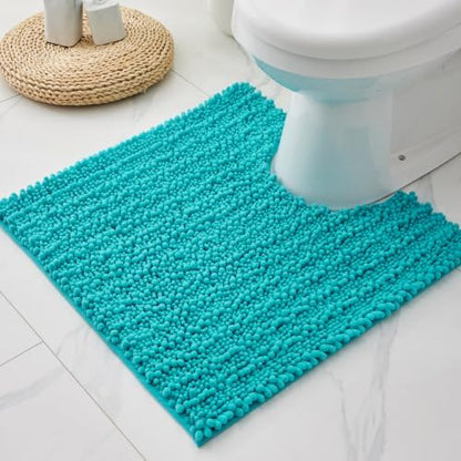 Disolla Toilet Rug 24x24 Inch - Teal U-Shaped Bathroom Floor Mat, Soft Shaggy Plush Absorbent Chenille Contour Rug, Non-Slip Washable Pedestal Base Rug