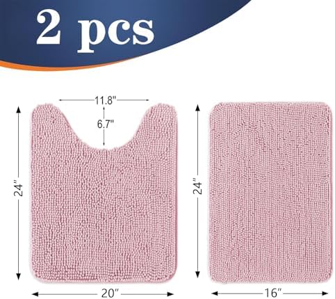 OLANLY Chenille Bathroom Rugs Mats Set 2 Piece, 24"x16"+24"x20", Dusty Rose